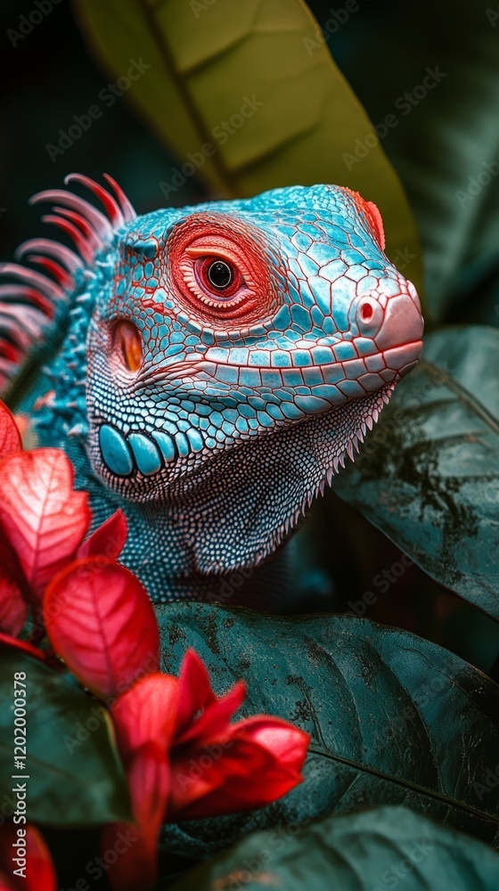 Obraz premium Vibrant blue iguana amidst lush red flowers