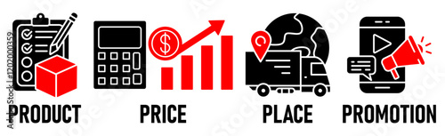 Banner Marketing Mix model illustration concept with icon of  price, product, promotion, place and promotion
