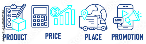 Banner Marketing Mix model illustration concept with icon of  price, product, promotion, place and promotion