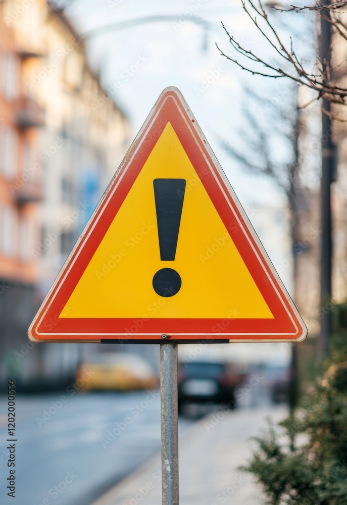 Yellow triangle traffic sign with black exclamation mark symbolizing police warning, clear and sharp with ample copy space for text or design. Yellow triangle traffic sign with black exclamation mark symbolizing police warning, clear and sharp with ample copy space for text or design.