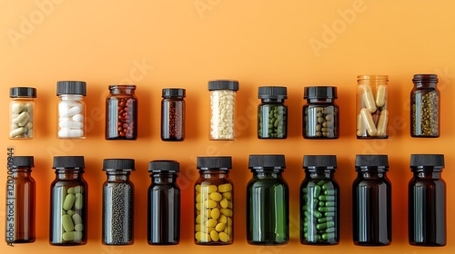 A variety of bottled health supplements arranged neatly on a soft orange background