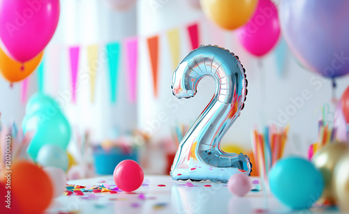 A shiny silver number two balloon surrounded by colorful balloons, confetti, and decorations, creating a festive and joyful second birthday celebration atmosphere.