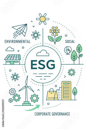 ESG concept illustration showcasing environmental, social, and corporate governance elements, including renewable energy, sustainable practices, and community well being