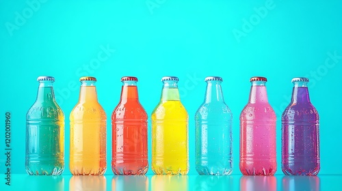 Bottled beverages in various colors displayed on a bright turquoise background with reflective lighting