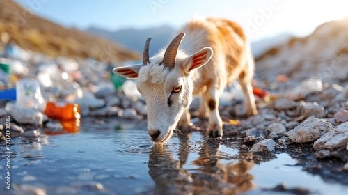 A close-up of a goat bent down to drink water from a polluted area filled with plastic and debris, highlighting the consequences of human waste on animal life. photo