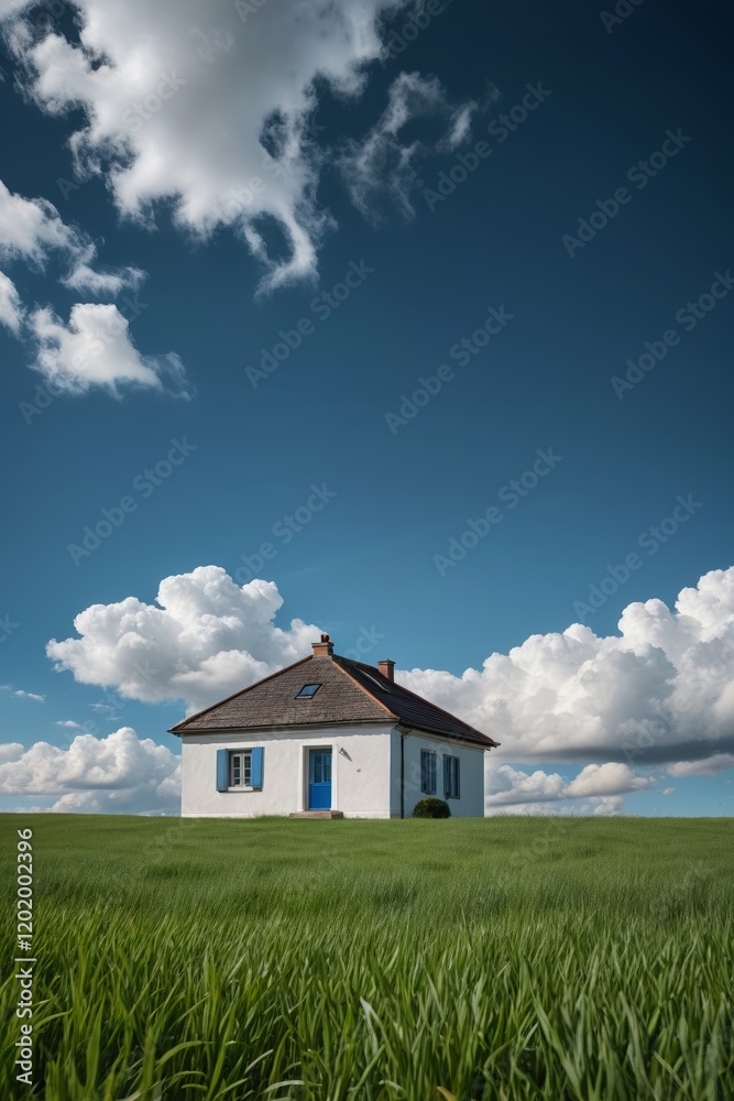 there is a small white house in a field of green grass there is a small white house in a field of green grass