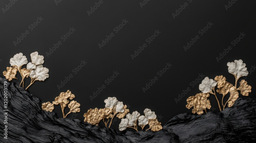 Netted Ruffle Lichen lichen in black and gold colors on dark matte background, premium botanical wallpaper with lichens and flowers Netted Ruffle Lichen lichen in black and gold colors on dark matte background, premium botanical wallpaper with lichens and flowers