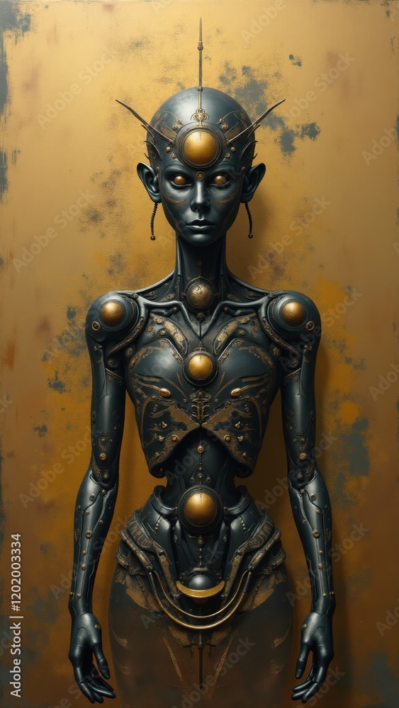 Futuristic android posing against gold background Futuristic android posing against gold background