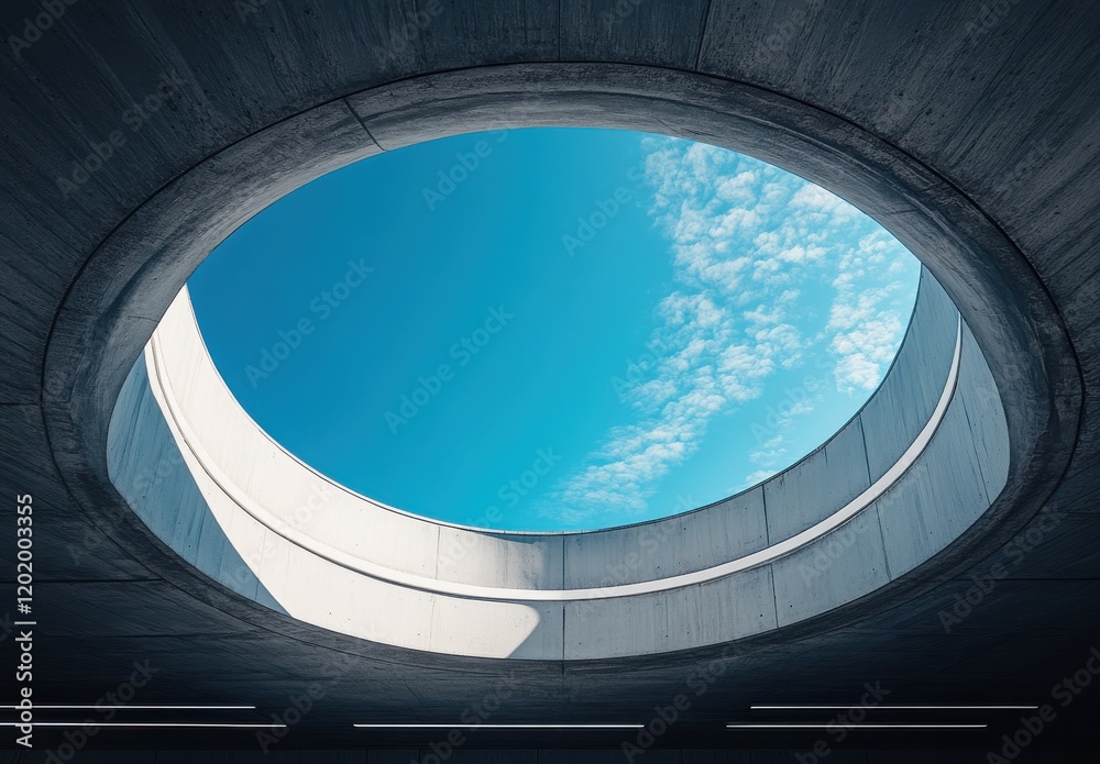 Fototapeta premium Modern Architectural Design Featuring Circular Sky View Opening Against Bright Blue Sky with Clouds from Inside Concrete Structure