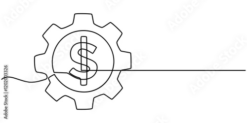 Continuous line drawing of gears with dollar, cogwheel icon outline, money dollar business growth, object one line, single line art, vector illustration,  Effort and time resulted money concept. 