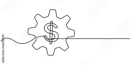 Continuous line drawing of gears with dollar, cogwheel icon outline, money dollar business growth, object one line, single line art, vector illustration,  Effort and time resulted money concept. 