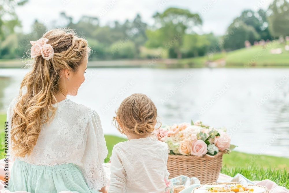 A family enjoying a picnic by a calm lake, with soft pastel blankets and baskets A family enjoying a picnic by a calm lake, with soft pastel blankets and baskets