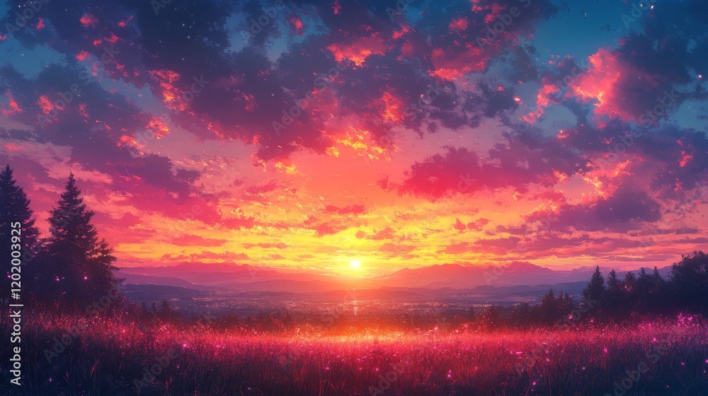 Obraz premium Vibrant Sunset Over Rolling Hills with Flowery Meadow and Dramatic Clouds Painting the Sky