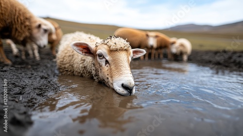 A sheep leisurely relaxes in muddy water amidst an open pasture, embodying the carefree essence of rural life amidst the natural landscape and its harmony. photo