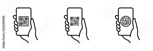 QR code scanning in smartphone. Hand holding mobile phone. Barcode scanner for pay, mobile app, web. Icon sheet vector illustration. Editable stroke EPS 10