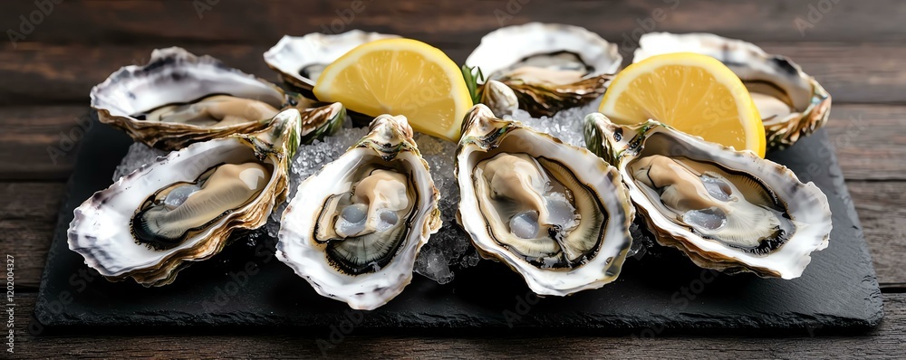 Fresh oysters served on ice with lemon slices for a delicious seafood feast. Fresh oysters served on ice with lemon slices for a delicious seafood feast.