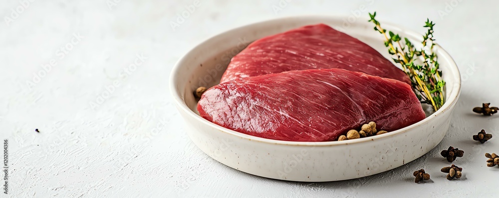 Fresh raw beef steak with herbs in a bowl ready for cooking or grilling. Fresh raw beef steak with herbs in a bowl ready for cooking or grilling.