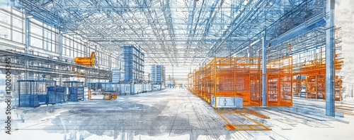 A digital illustration of an industrial interior, showcasing structural elements in blue and orange tones, emphasizing space and architecture.