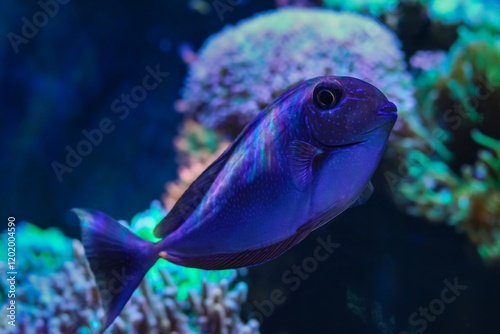 Naso vlamingii surgeonfish juvenile, reef marine aquarium, rare demanding fish care of experienced aquarist, expensive pet in LED actinic blue low light, coral farming hobby, dark blur background photo