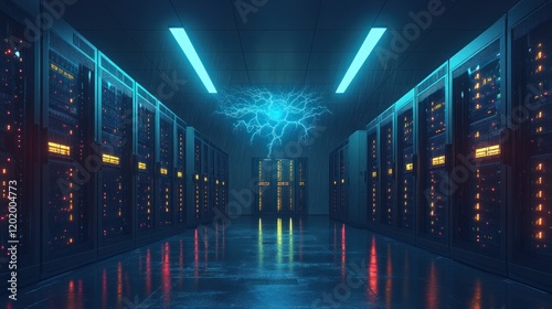 Futuristic server room with energy surge.