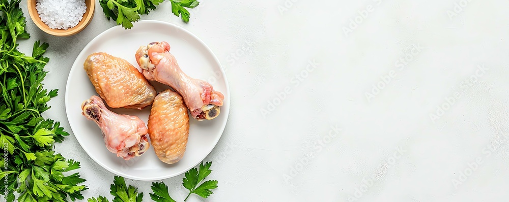 Fresh chicken drumsticks on a plate with parsley, ready for cooking. Fresh chicken drumsticks on a plate with parsley, ready for cooking.