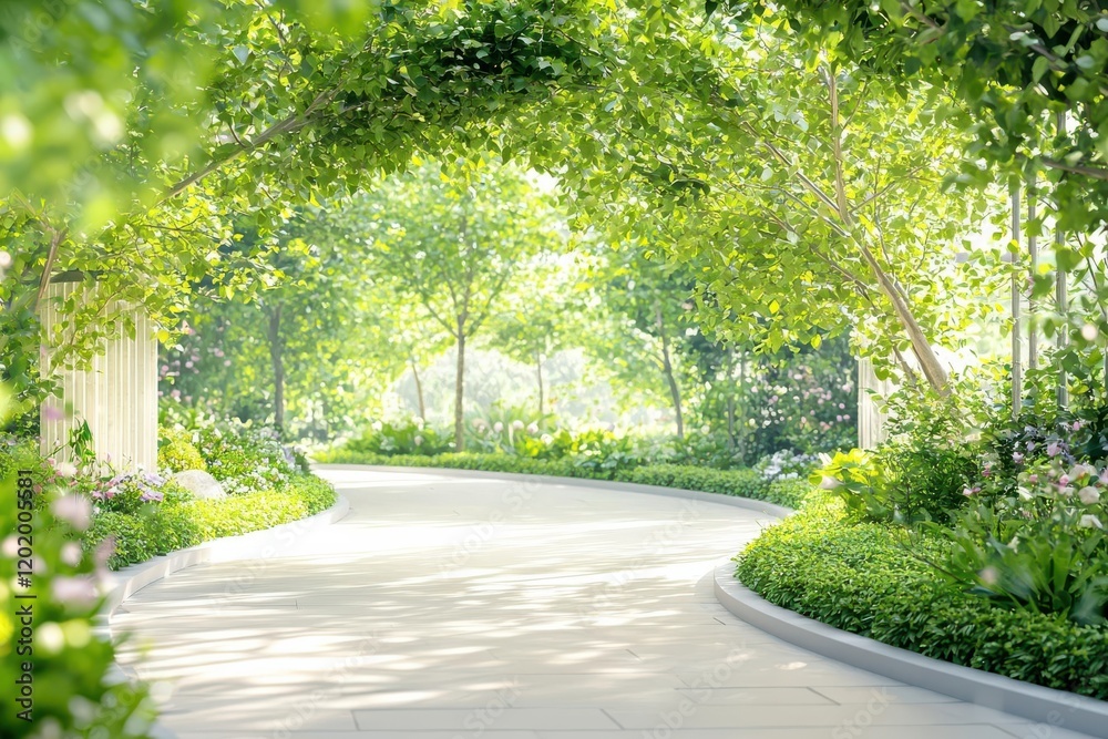A hidden garden with winding pathways and soft sunlight filtering through the leaves A hidden garden with winding pathways and soft sunlight filtering through the leaves