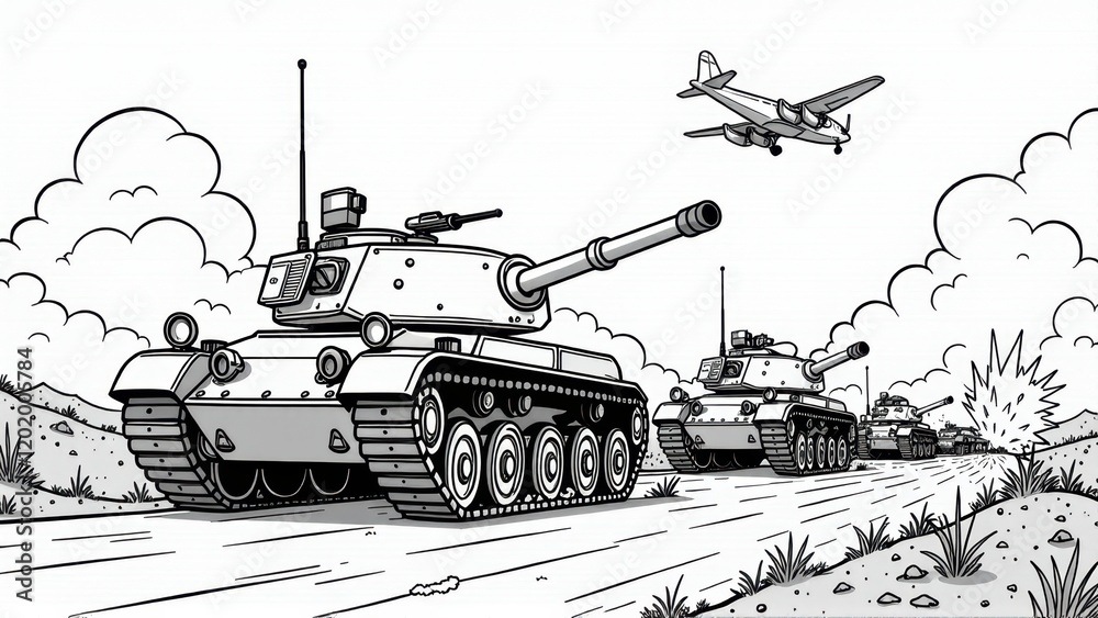 Obraz premium Tanks and Airplane in War Scene, generative Ai, generative Ai