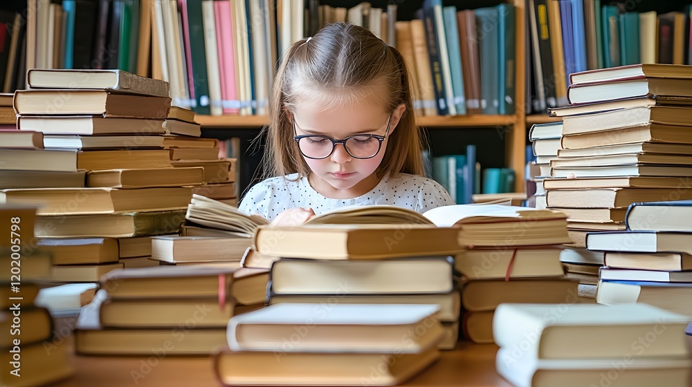 Young Girl Reading Books Surrounded By Stacks Of Books Young Girl Reading Books Surrounded By Stacks Of Books