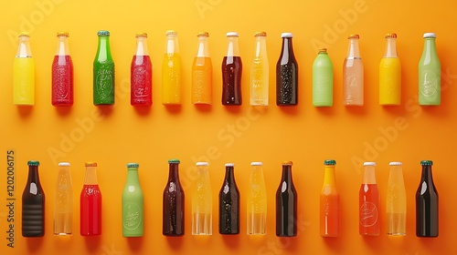 Bottled drinks and beverages displayed symmetrically on a bright orange background