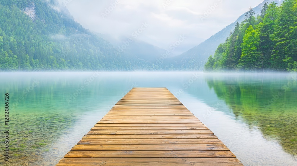 A lone wooden pier extending into a tranquil lake surrounded by mist A lone wooden pier extending into a tranquil lake surrounded by mist