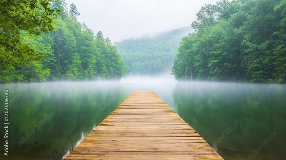 A lone wooden pier extending into a tranquil lake surrounded by mist A lone wooden pier extending into a tranquil lake surrounded by mist