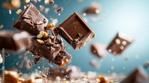 An exciting image capturing flying chocolate chunks amidst scattered nuts, embodying a sense of delicious chaos and artistic flair for food lovers. photo