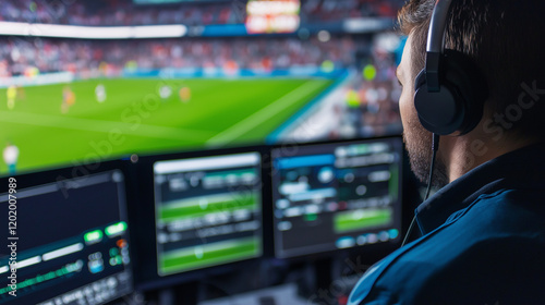 Sports broadcaster wearing headphones, working at a control desk with monitors, overlooking a stadium during a live event.