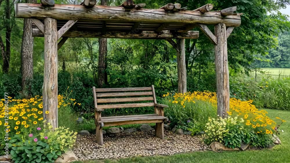 Wooden bench under a rustic pergola surrounded by colorful flowers in a peaceful garden setting Wooden bench under a rustic pergola surrounded by colorful flowers in a peaceful garden setting