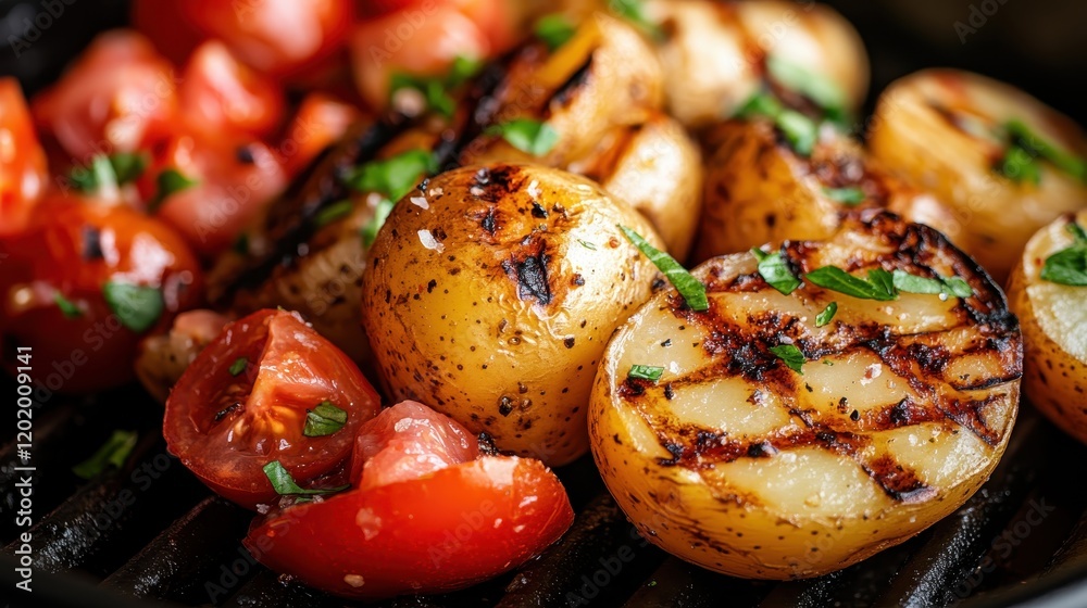 A colorful array of grilled potatoes and tomatoes garnished with fresh herbs offers a culinary delight, showcasing vibrant colors and mouthwatering textures presented beautifully. A colorful array of grilled potatoes and tomatoes garnished with fresh herbs offers a culinary delight, showcasing vibrant colors and mouthwatering textures presented beautifully.