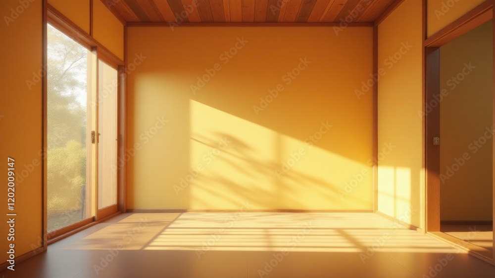 Obraz premium A soft glow of daylight passes through traditional shoji screens, creating a delicate interplay of light and shadows.