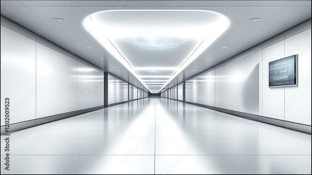 Obraz premium Futuristic white corridor with bright lighting and a screen.