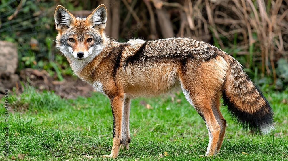 Golden jackal standing alert in grassy field, blurred bushes backdrop. Golden jackal standing alert in grassy field, blurred bushes backdrop.