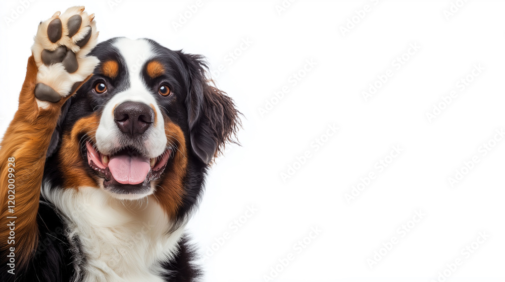 Happy Bernese Mountain Dog with a raised paw and a cheerful expression on a clean white background. Happy Bernese Mountain Dog with a raised paw and a cheerful expression on a clean white background.