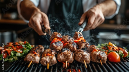 A chef skillfully grilling skewers with marinated meat and vibrant vegetables, showcasing the art of barbecue cooking and the appeal of delicious food preparation.