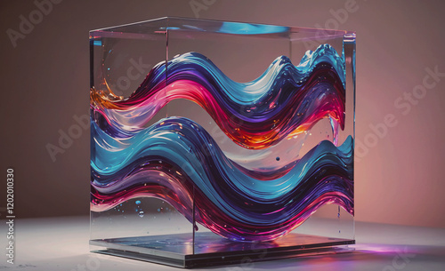 A cube made of glass with a colorful wave pattern on it. The colors are purple, blue, and red. The cube is sitting on a table