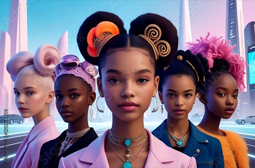 Stunning photo of beautiful girls with futuristic hairstyles, showcasing the latest trends in 2050 fashion.