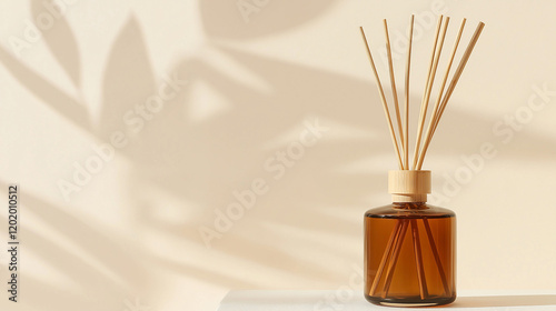 Aromatic reed diffuser in a brown glass bottle with soft plant shadows on a neutral background.