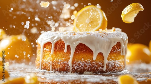 A whole frosted lemon cake, glistening with icing and adorned with lemon slices, creating a vibrant and refreshing dessert that is sure to delight any palate. photo