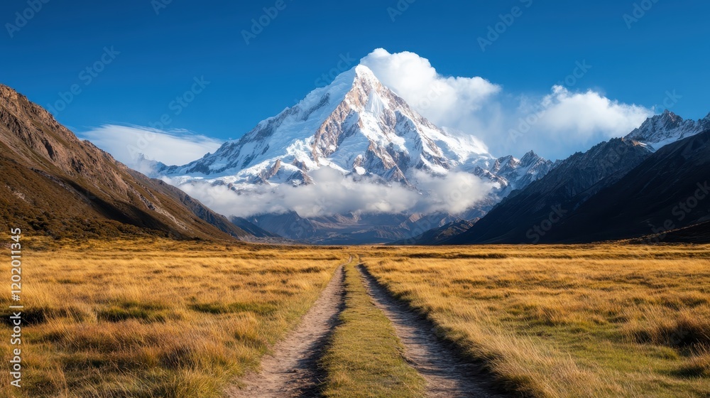 Fototapeta premium A breathtaking mountain peak rising majestically amidst clouds, showcasing the stunning interplay of light and shadow on its icy surface and surrounding golden grasslands.