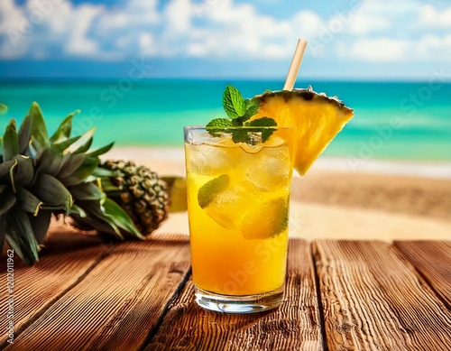 Tropischer Cocktail mit Ananas und Minze – Urlaubsstimmung im Glas photo