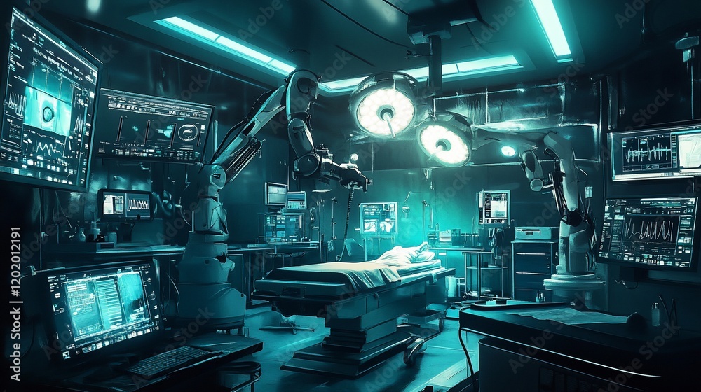 Robotic surgery in futuristic hospital operating room