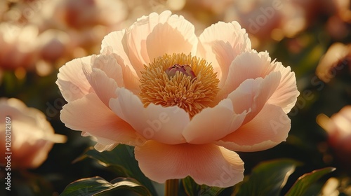 Peach peony blooming in field, sunset light, floral background, nature photography, greeting cards photo