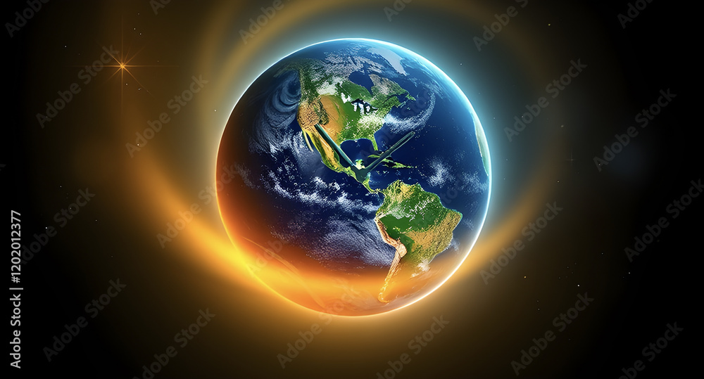 Fototapeta premium AI Generated: Clock-Shaped Earth with Glowing Lights and Stars in a Deep Blue and Yellow Palette