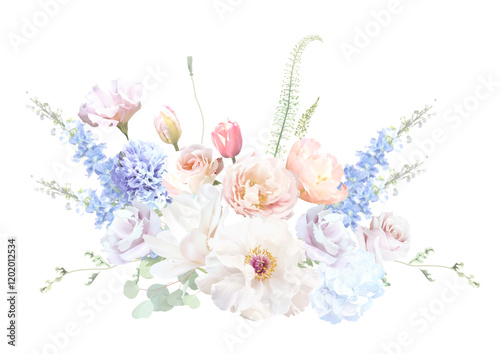 Bridgerton inspired pastel floral vector design bouquet. Blue delphinium, white peony, magnolia, pink tulips, rose, carnation, greenery and plants. All flowers and branches are isolated and movable.